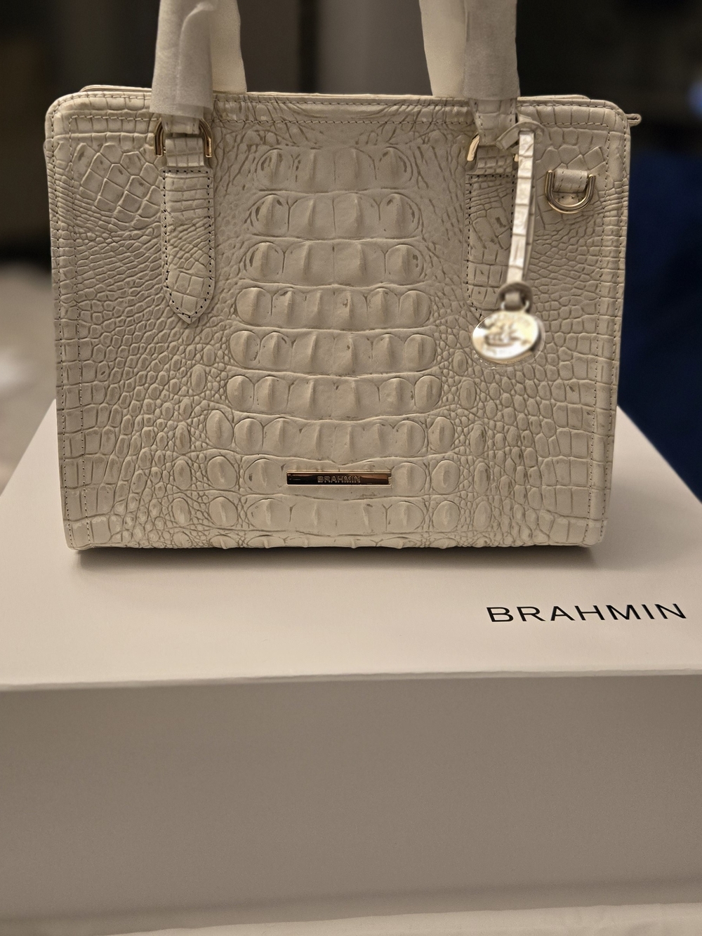 Brahmin Cream Croc-Embossed Leather Satchel with Gold Hardware